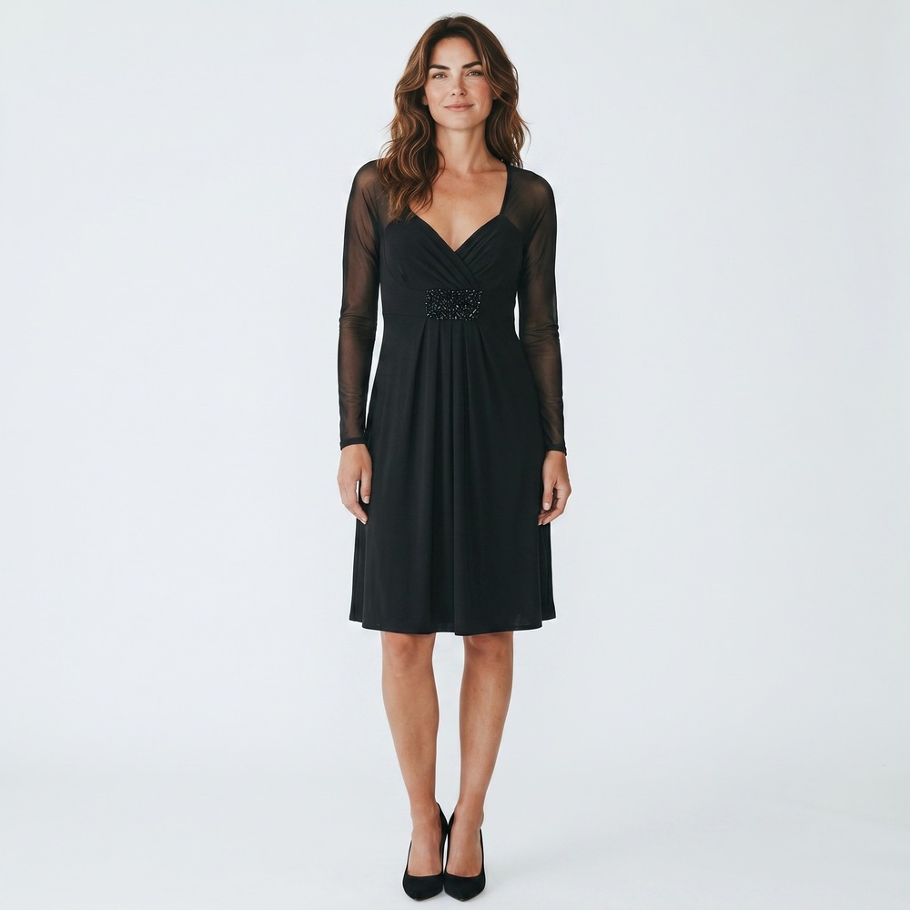 Donna Ricco New York Black Beaded Waist Sheer Mesh Long Sleeve Cocktail Dress 10